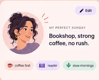 Illustrated TUNU profile card for an adult woman with interests and a dating prompt