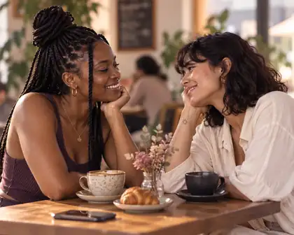 Two women smiling at each other over coffee
