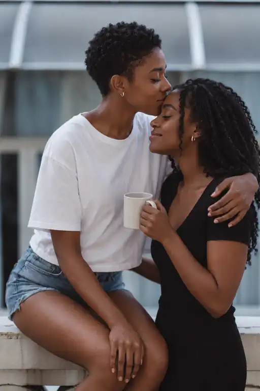 Two Black women sharing a tender forehead kiss