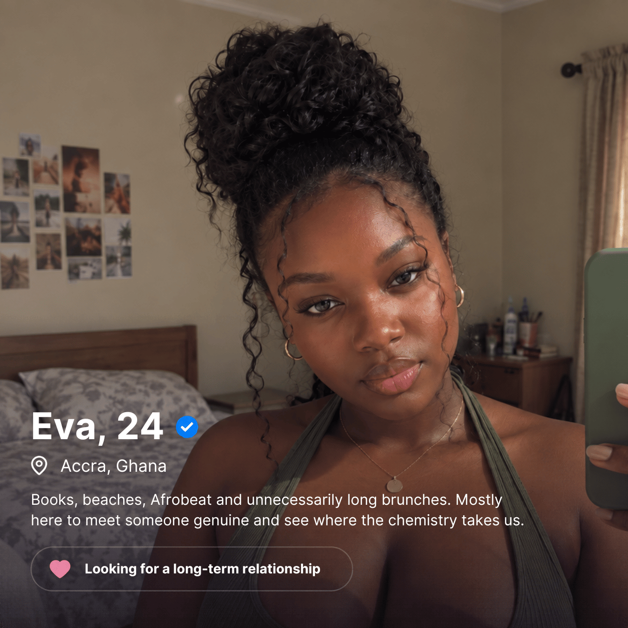 Eva, 24, in Accra, Ghana. Loves books, beaches, Afrobeat and long brunches; looking for a long-term relationship.