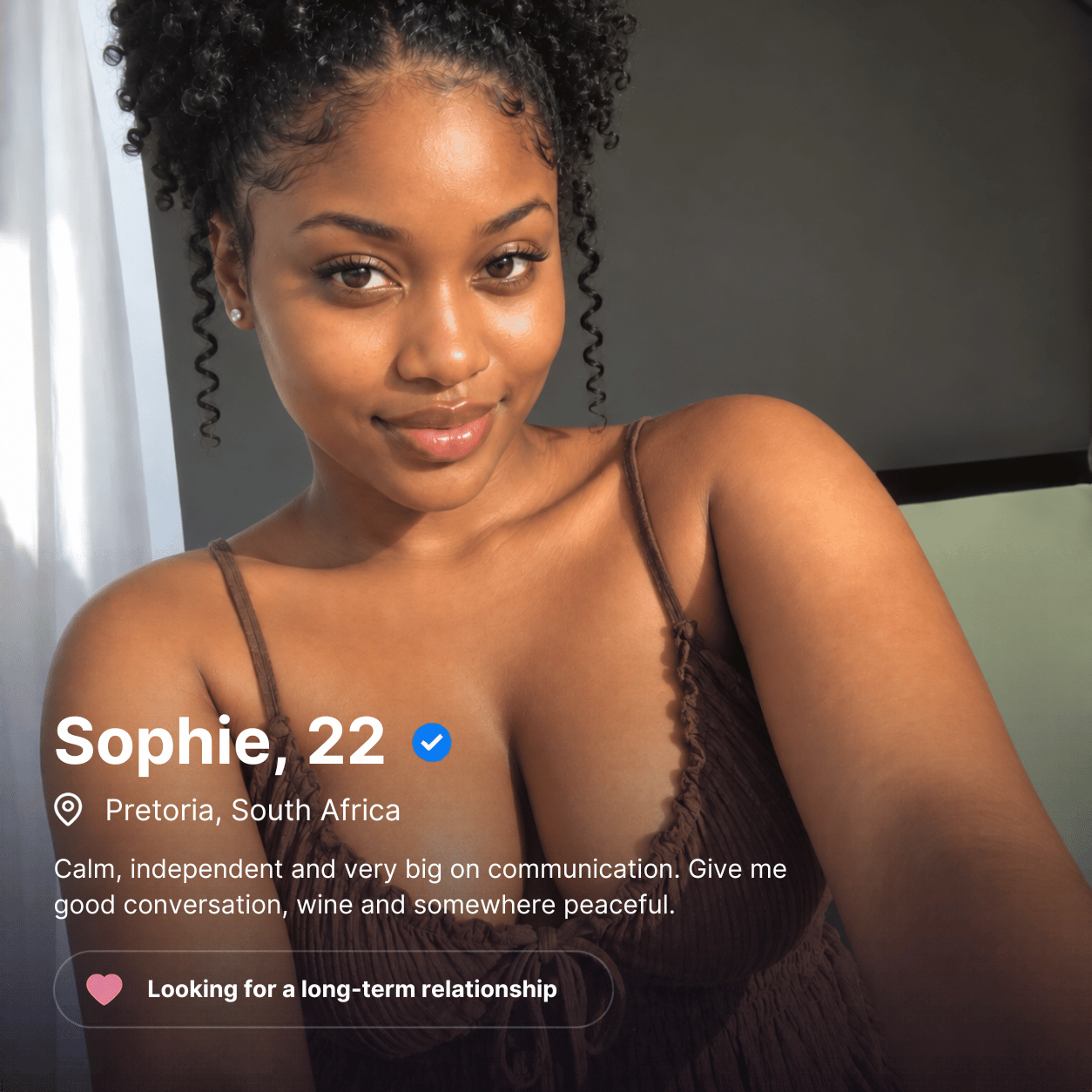 Sophie, 22, in Pretoria, South Africa. Loves good conversation and peaceful places; looking for a long-term relationship.