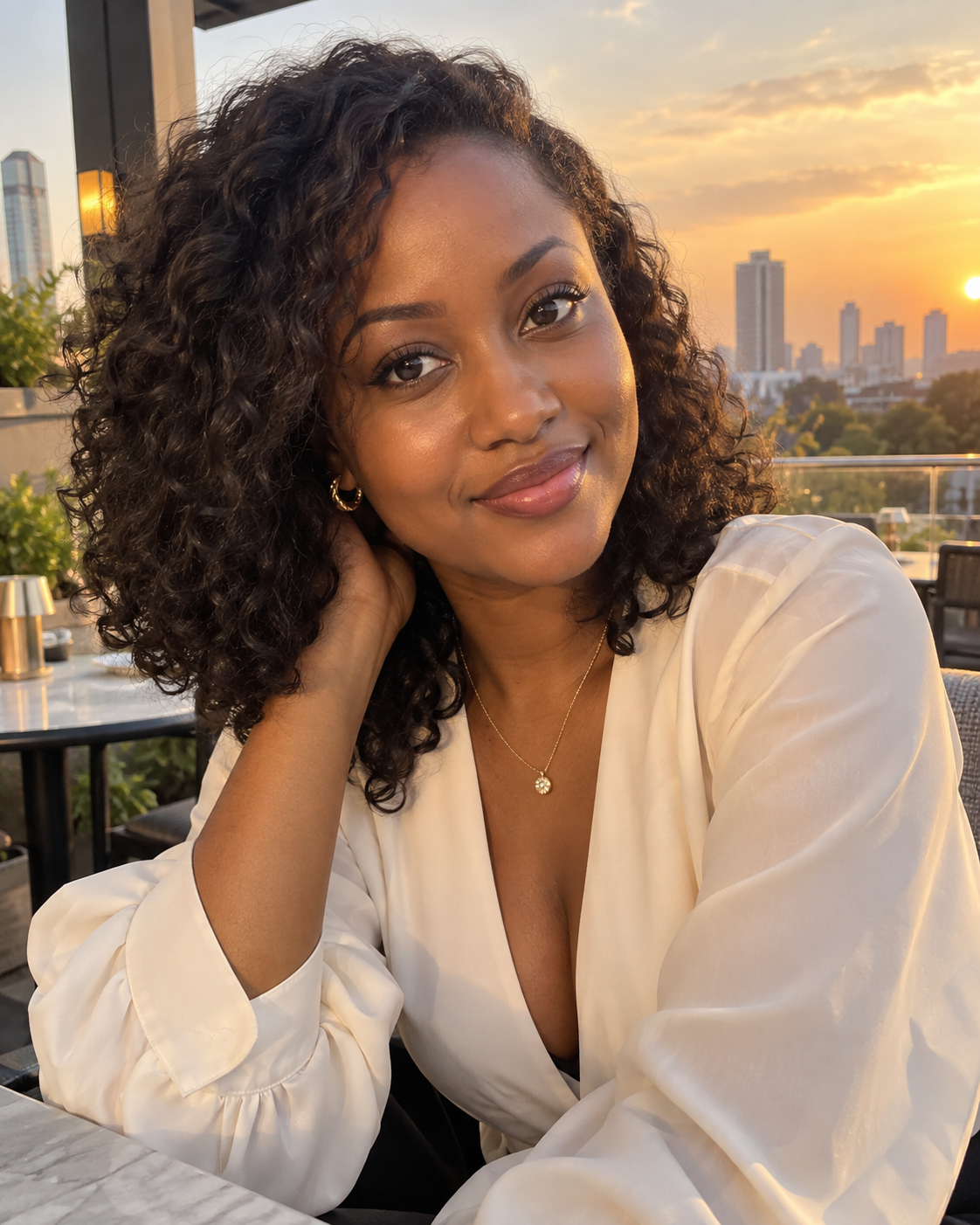 A smiling woman on a rooftop at sunset